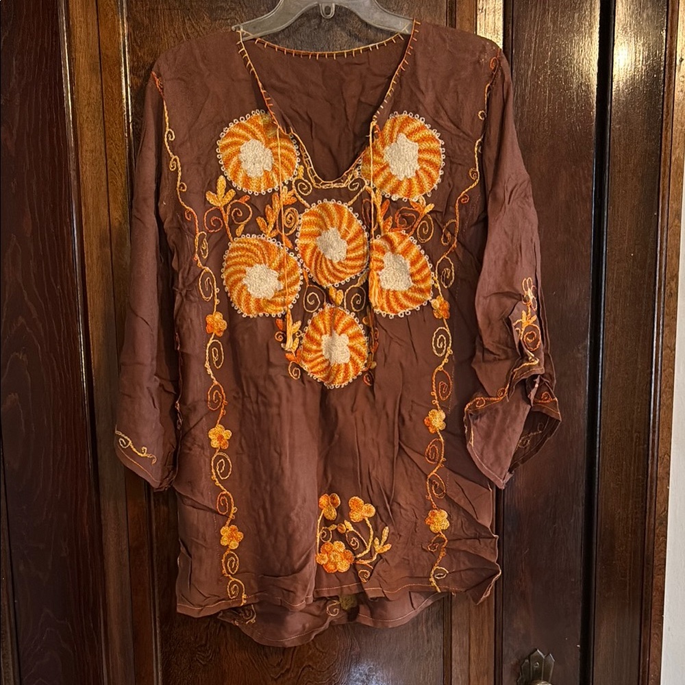 Embroidered Brown and Orange Women's Top